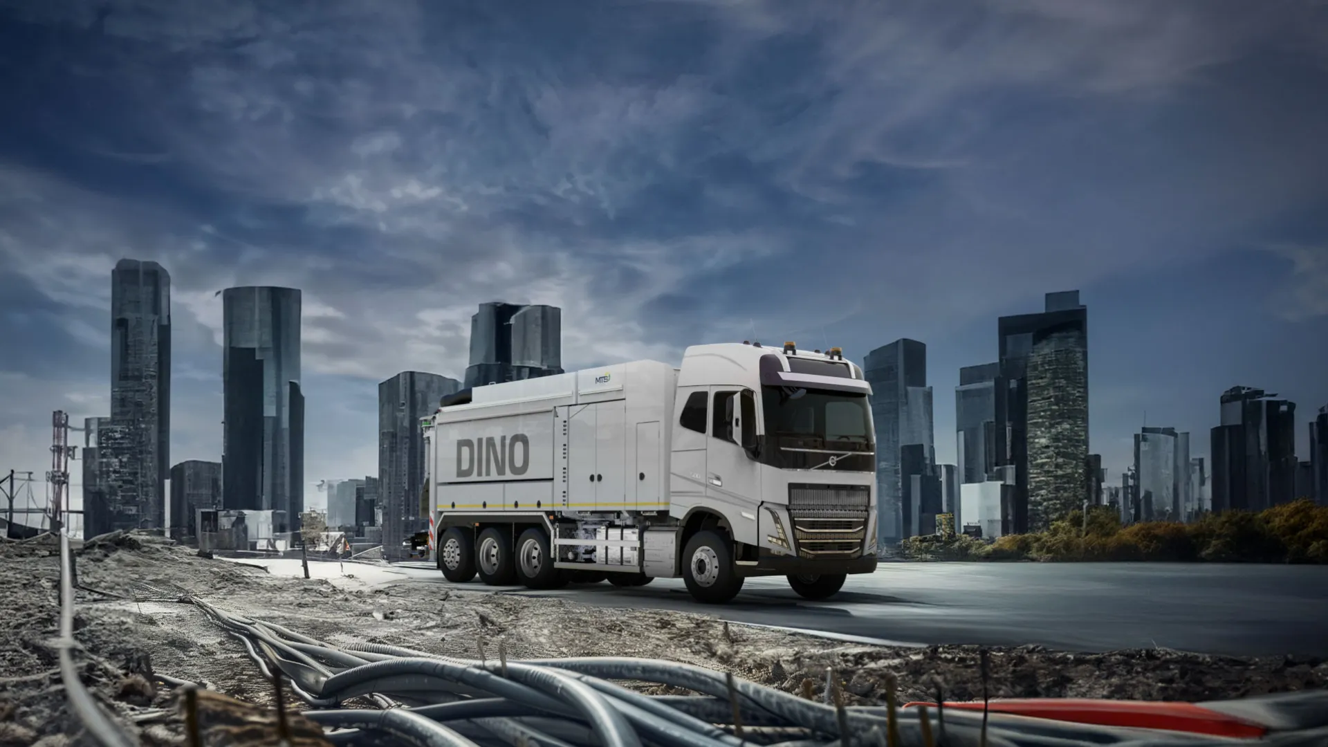 Dino Saugbagger mit Stadt im Hintergrund